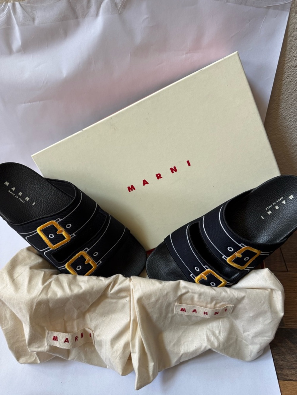 Marni Black Leather Slide Sandals with Yellow Buckle Accents